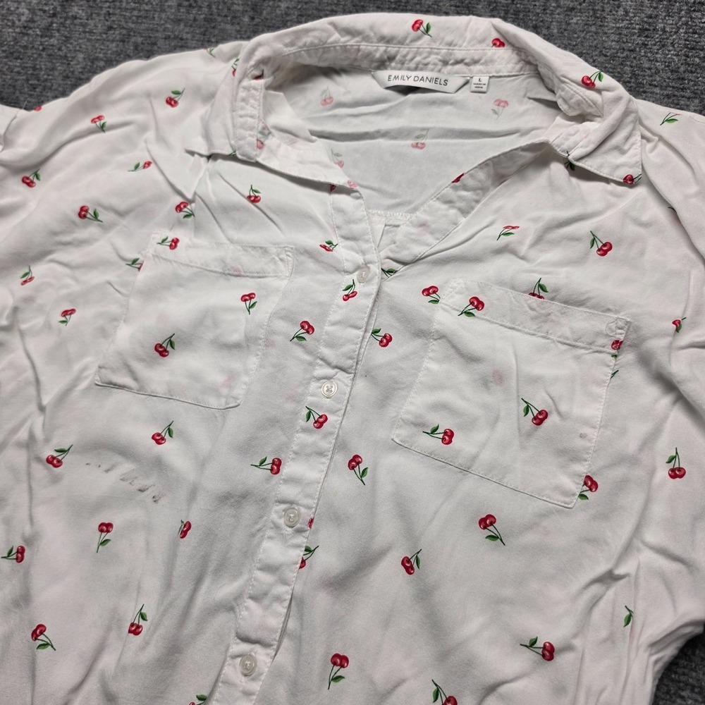 Emily Daniels Womens L Cherry Print Tie Front Shirt Short Sleeve Button Up White